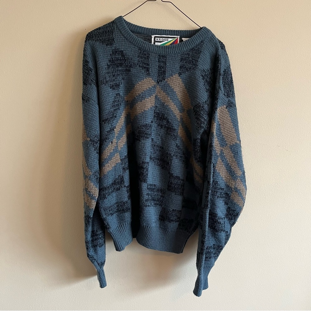 W.R. Gass 1980's VTG Mens Medium Sweater Pullover Geometric Grandpa Knit Blue